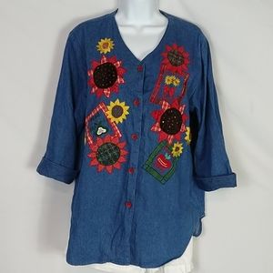 Vintage Denim 3/4 Sleeve Sunflower Shirt Size 14